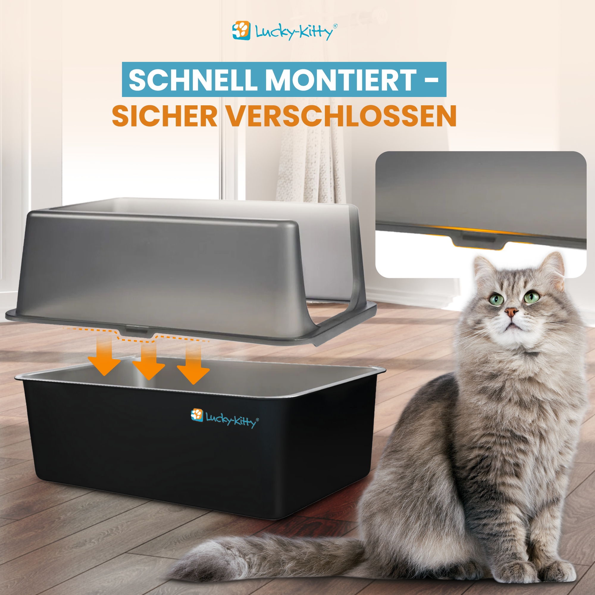 Cat Litter Box XXL (Stainless Steel Black) + Hood (Black Transparent)