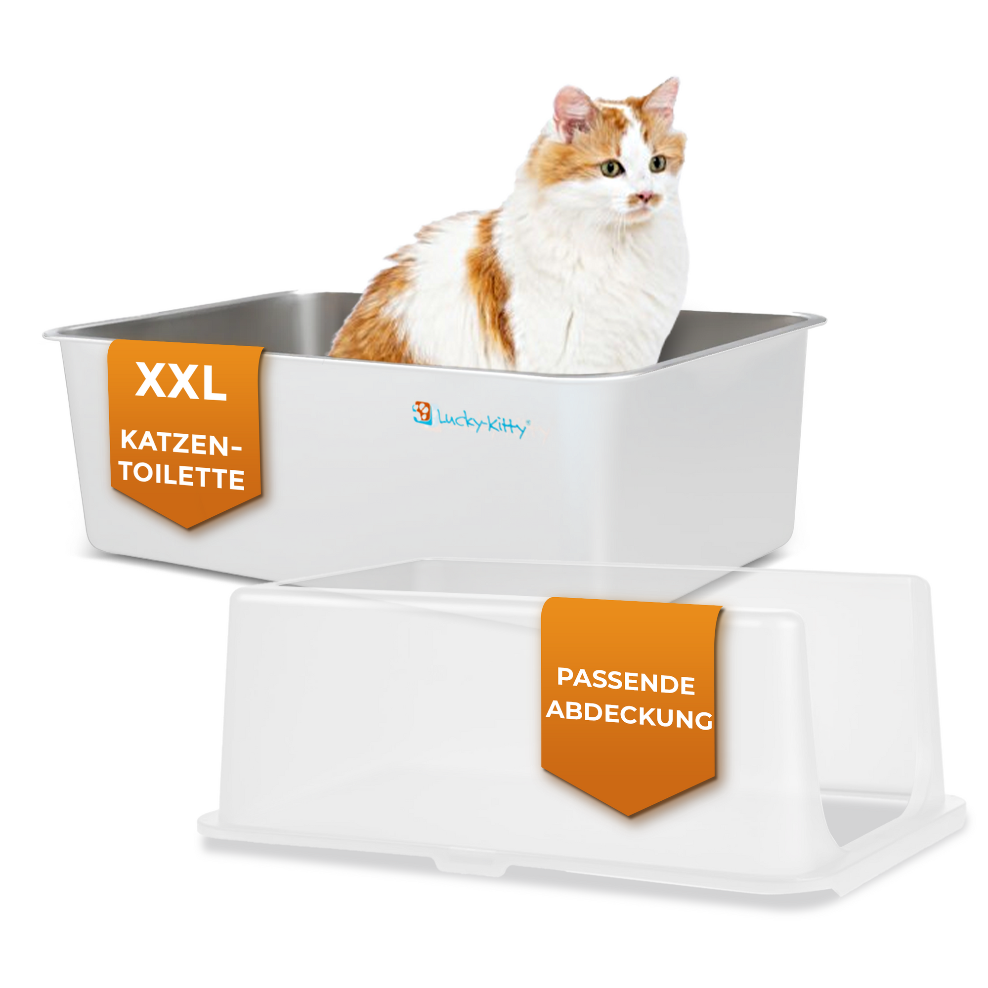 Cat Litter Box XXL (Stainless Steel White) + Hood (White Transparent)