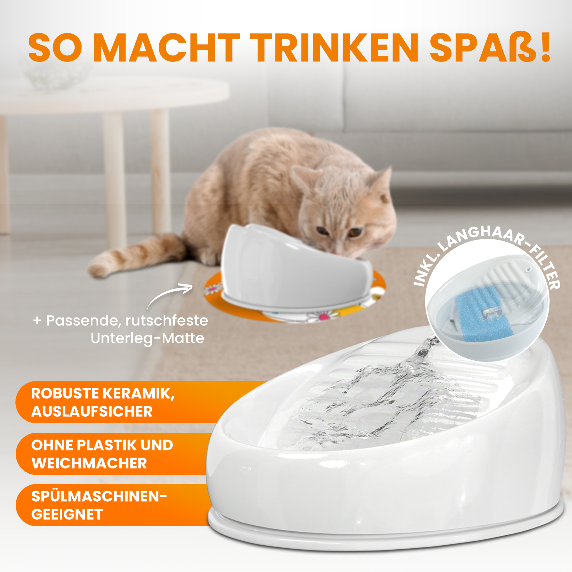 Advantage package ceramic cat fountain (white) + filter + FREE underlay mat (orange)