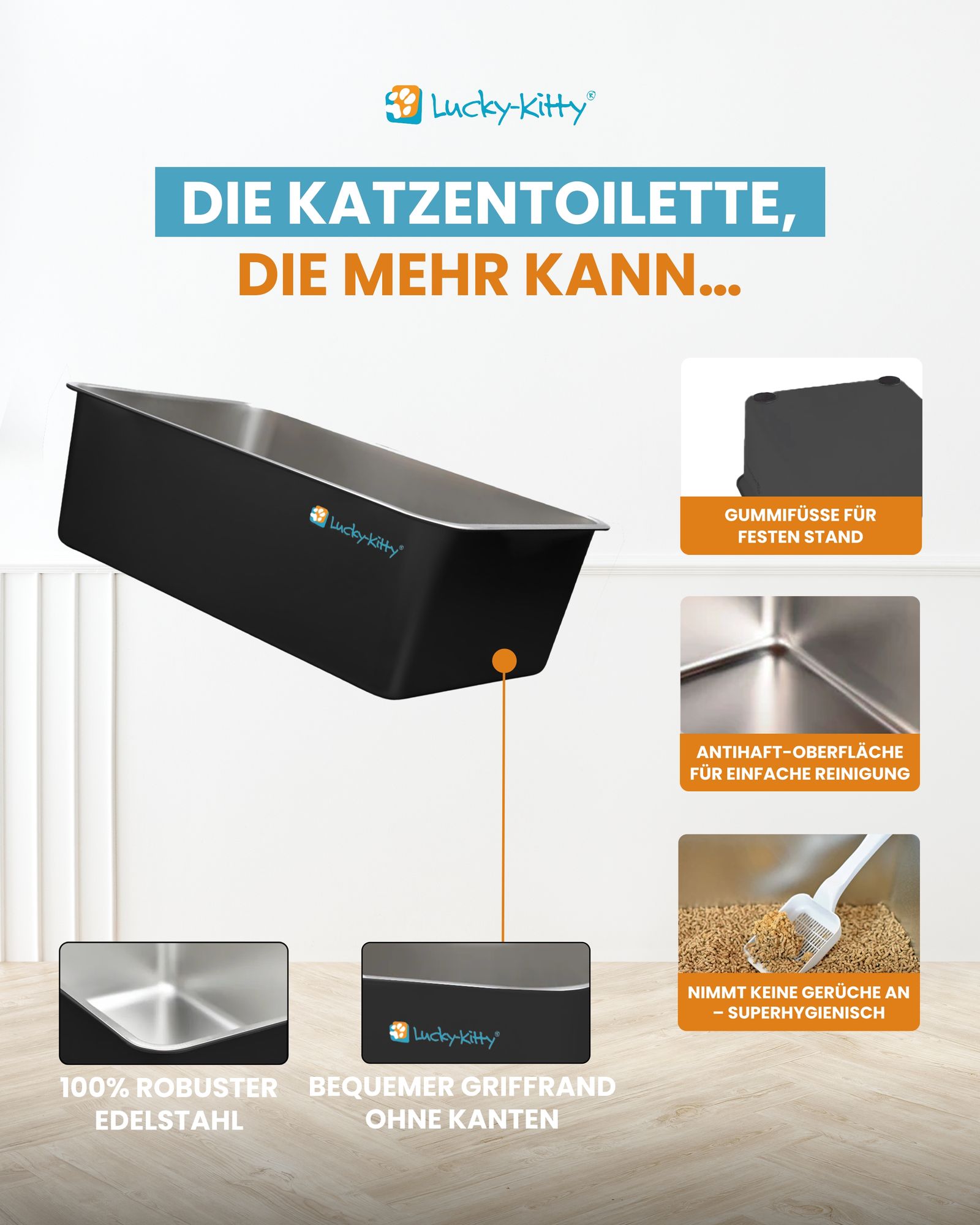 Cat Litter Box XXL (Stainless Steel Black) + Hood (Black Transparent)