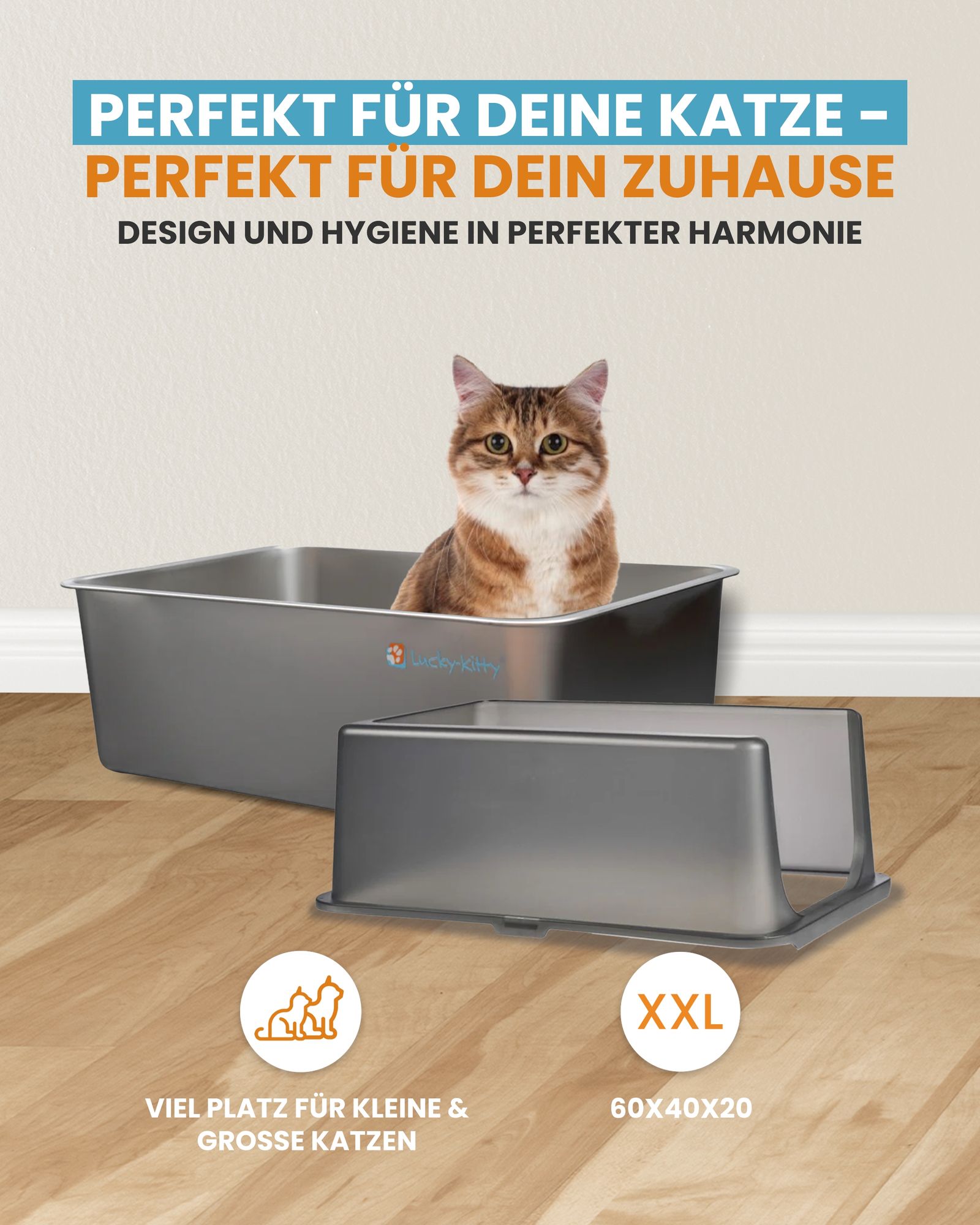 Cat Litter Box XXL (Stainless Steel Natural) + Hood (Black Transparent)
