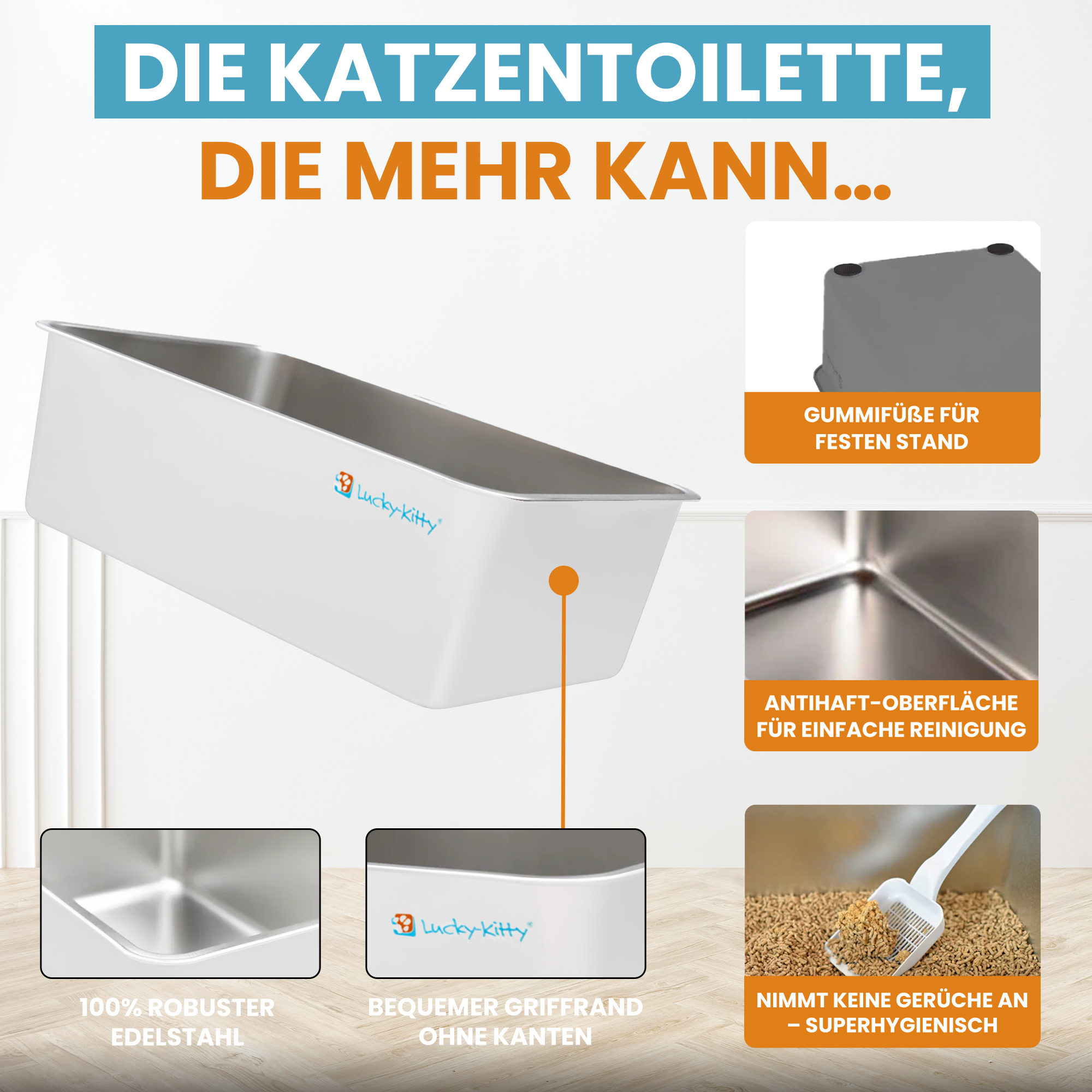 Cat Litter Box XXL (Stainless Steel White) + Hood (White Transparent)