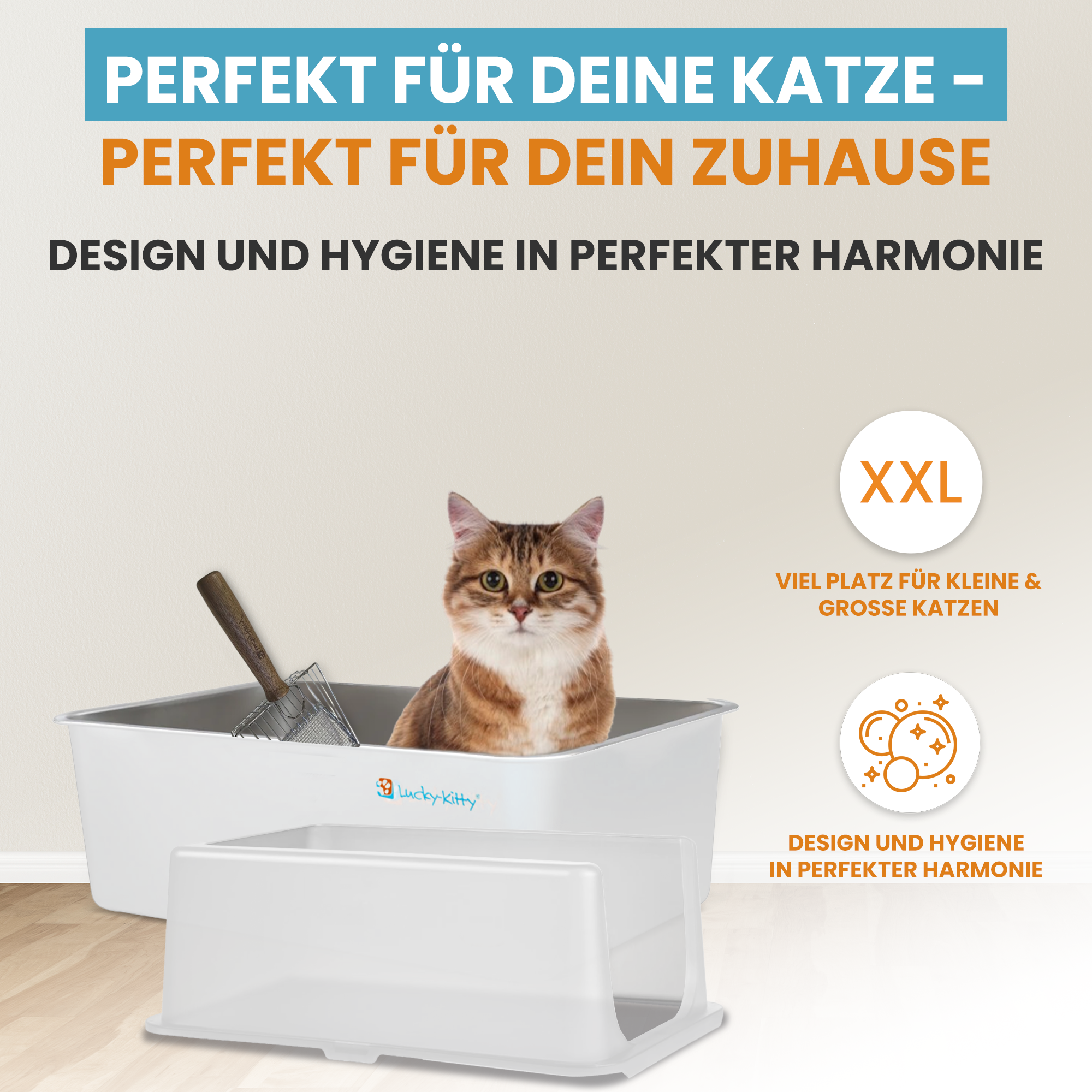 Cat Litter Box XXL (Stainless Steel White) + Hood (White Transparent)