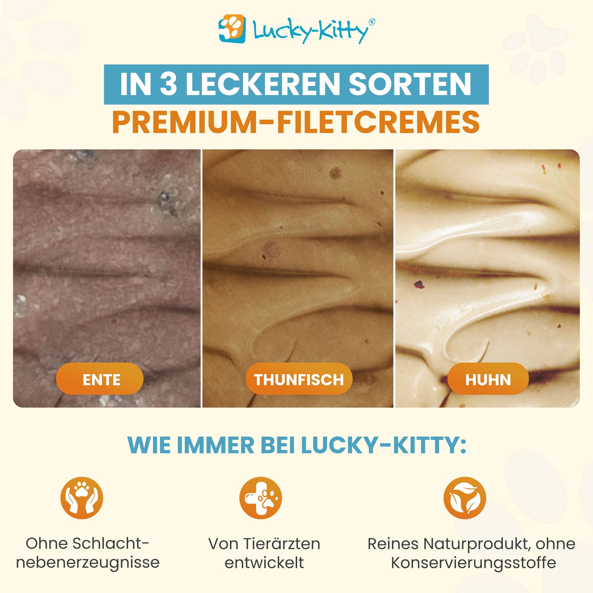 Cat food sample set (3x200g) + filet cream FREE
