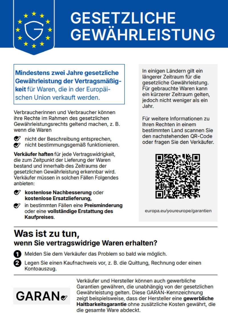 Harmonisierte Mitteilung über das gesetzliche Gewährleistungsrecht: mindestens zwei Jahre Gewährleistung auf Waren, nach nationalem Recht auch länger.